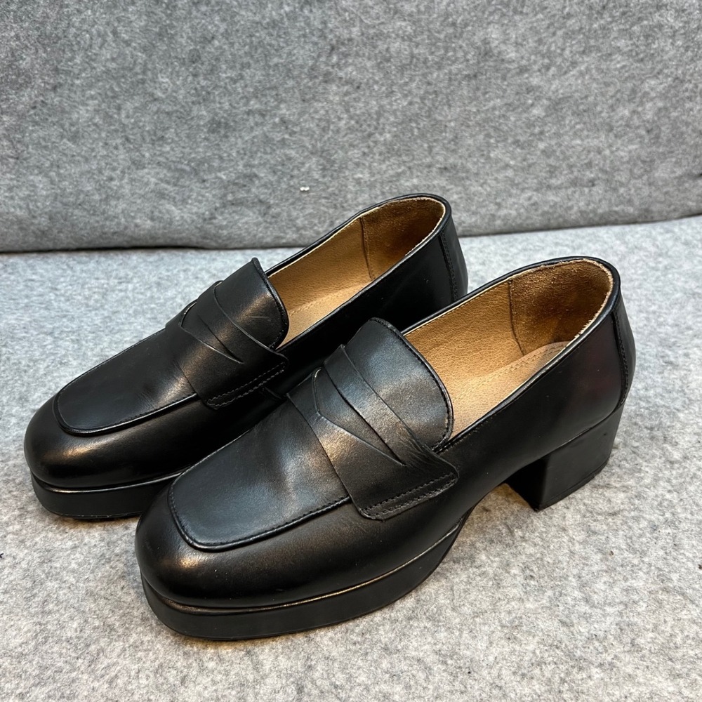 ASOS Black Leather Platform Loafer Chunky Block Heel Square Toe Womens Shoes  7